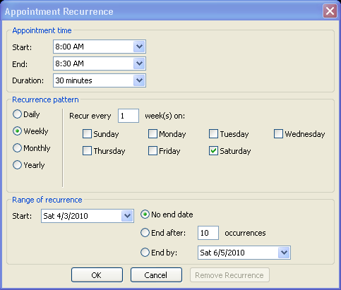 Select Recurrence from the Options group on the ribbon. Outlook opens the Appointment Recurrence window. Ensure the Appointment (Start, End and duration) times are correct.
