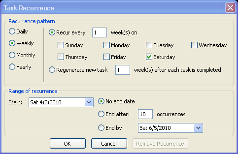 Outlook opens the Task Recurrence window. Select whether the recurrence pattern is daily, weekly, monthly, or yearly. Enter the recurrence information based on the pattern you selected.