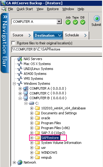 Scenarios for Restoring to an Alternate Server 13. Add Computer B under the Windows Systems. Browse the Computer B, and select the temporary folder SAPRestore. 14.