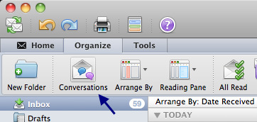 Conversation View in Outlook 2011 The conversation feature shows all e-mail messages with the same Subject together, arranged by date with the most recent message on top.