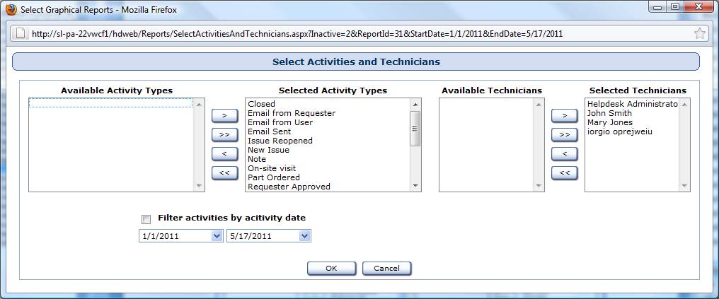 Select Activities and Technicians Window Reports used in: Issue Detail With Activities Issue Summary With Activities Unlike most selection lists in Help Desk Authority, the lists in this window