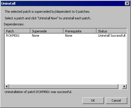 Manually Uninstall a Patch 3. Click Uninstall Now to proceed with the patch uninstallation. The Uninstall screen appears displaying the status of the patch uninstallation.