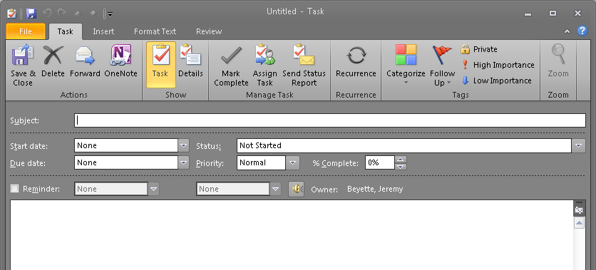 Tasks Creating a New Task Tasks can be used to remind you of important things that need to be done. To create a new task, go to Tasks and then select New Task on the ribbon.
