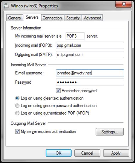 .. Logon Information Use same settings as my incoming mail server Click OK Click on the Advanced tab Change Outgoing mail (SMTP): 465 **Windows Mail 2010 change to 587 This