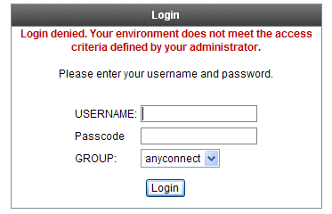After selecting anyconnect and entering your Edinburgh Napier University username and password, the login attempt is denied.