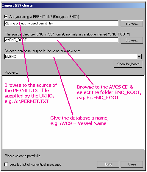 An Import S57 charts dialog as shown in the below will be displayed. This dialog contains all the functionality necessary to licence and import encrypted AVCS ENCs.