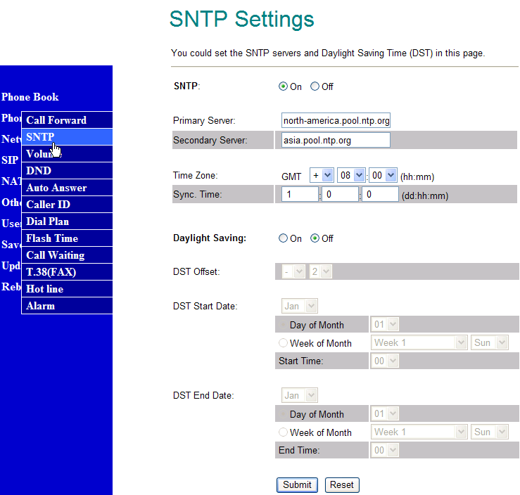 SNTP 8.17. You can setup the primary and second SNTP Server IP Address, to get the date/time information.