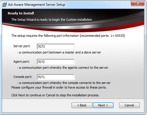 Step 6 - Specify Communication Ports This window allows you to change the ports used by the Ad-Aware Management Server components to communicate.