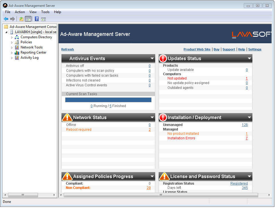 User Interface Overview When you connect to an Ad-Aware Management Server instance, its name and all objects will appear in the tree menu on the left, while the dashboard will be displayed on the