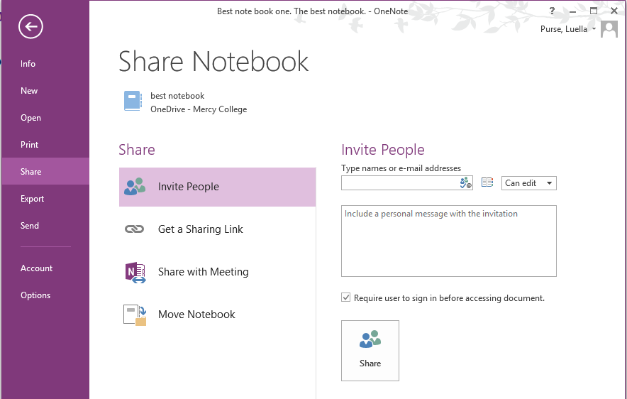 4. Invite people option will appear on the page, type the email address of the people who should receive access to the notebook you can choose whether they can edit or simply view the notebook to the
