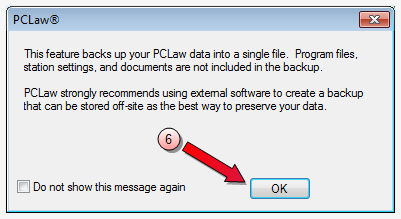 5. Click Yes on the PCLaw Advisory screen to continue. A PCLaw message screen opens. 6. Click OK to continue. The PCLaw Archive - Export File screen opens with and associated file name is provided. 7.