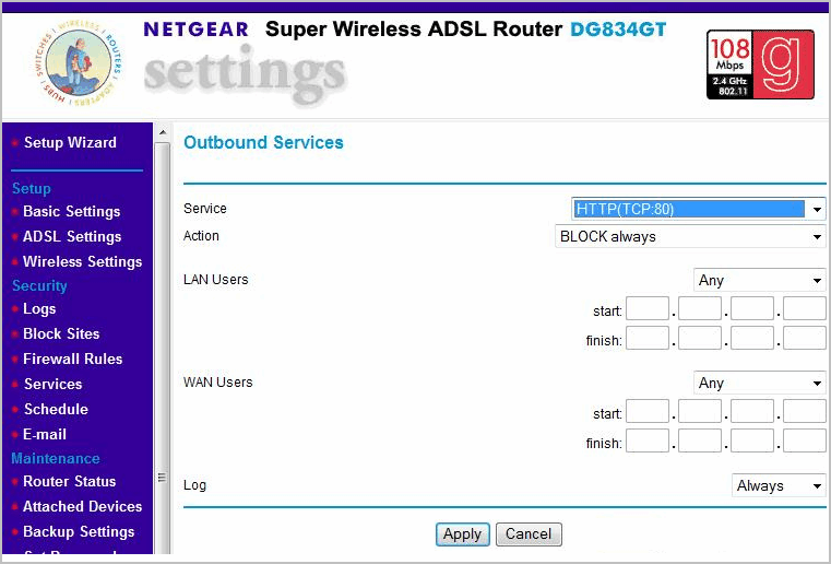 Screenshot 88: Netgear Wireless Router DG834GT: Outbound Services view 3. From the router s configuration web interface, click Firewall Rules > Outbound Services. 4.