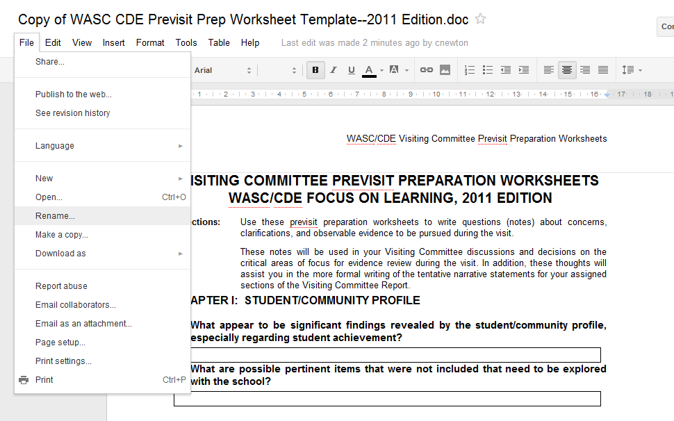 Google Docs Procedures (cont.) The document will now open in Google Drive.