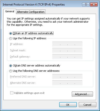 6. Select the Obtain an IP address automatically and Obtain DNS server address automatically radio buttons. Click the OK button. 7.