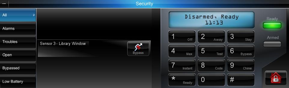 Security module You can toggle between a quick look at your security system s status, or bring up a keypad to control your security system.