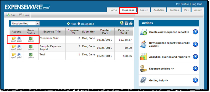 Another way to open an existing expense report, click on the Expenses tab and search for the type of expense report. Once found, it can be opened, printed, or checked for policy compliance.
