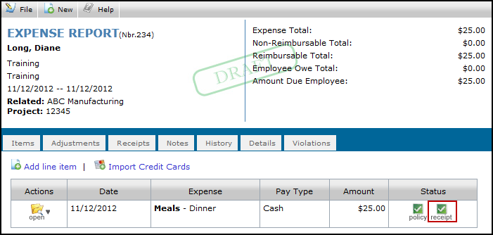 Browse for the saved receipt Give the file a name in the Document Title field (i.e. Team Dinner) Put in a Description (i.e. names of people at the dinner) Click on the I Agree + Upload button The icon for Receipt on that line item turns into a check.
