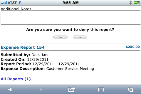 7.3.3.4 Mobile Device Expense Approval After the Approve or Deny is selected, add any notes and select Yes