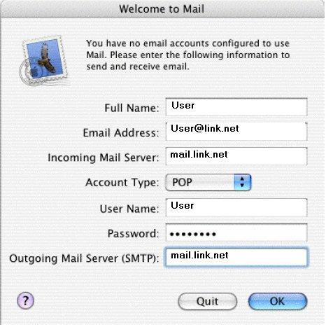 How to Setup your E-mail Account -Apple Mail for Mac OS X 1- Open Mail 2- The welcome screen will appear as follow: Fill in the above information as follow Full Name: type your display name E-Mail