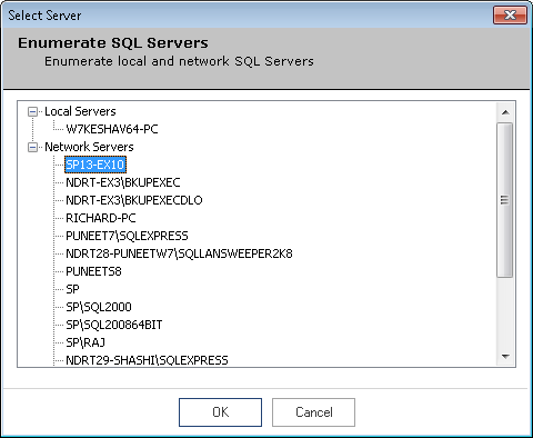 4. Alternatively, you can click to enumerate all SQL Servers in a list. Figure 6: Enumerating all SQL Servers in the network 5. Click icon to expand the listings for local and network servers.