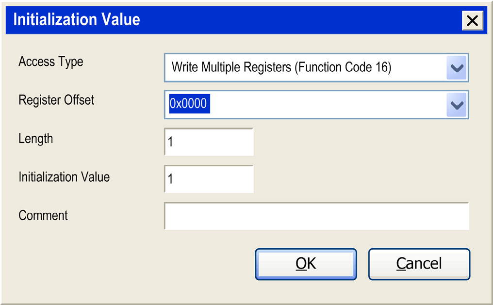 Serial Line Configuration To configure your Modbus Initialization Value, proceed as follow: Step Action Click the Modbus Slave Init tab: Click New to create a new initialization value: The