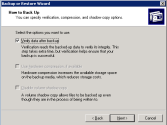 At the Type of Backup screen, select daily from the drop down box and click Next At the How to Backup screen, select Verify
