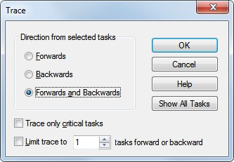 Trace Options Select a Task or Tasks in the Network Chart and display only those tasks that lead up to and/or follow the selected task(s).