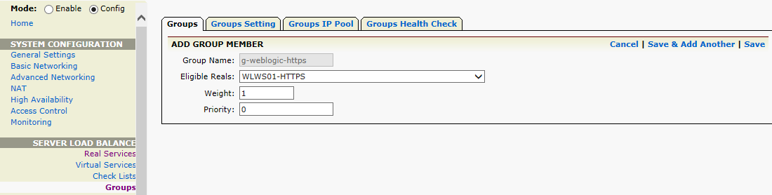 After the SLB Real Services are configured, we can proceed to add the SLB Group, configure the SLB Group Method, assign member(s) and set various parameters as needed. 4.1.