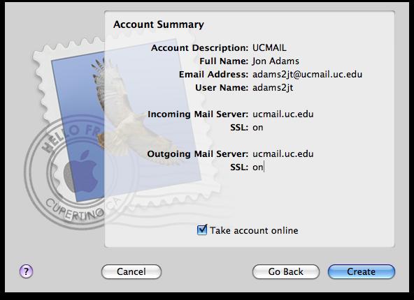 Mail will check the server for the appropriate settings, and will present the discovered settings on the next screen. Click Create.