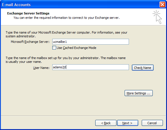 Select Microsoft Exchange Server for Server Type, and click Next: In the Microsoft Exchange Server field,