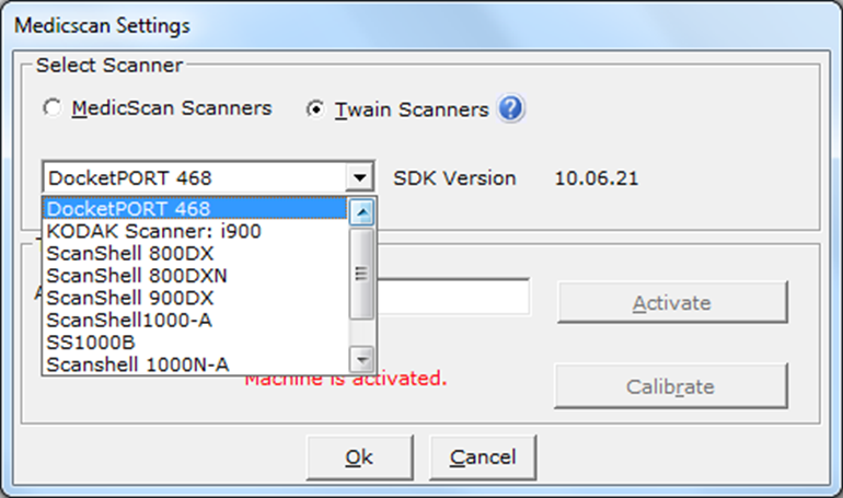 To select a scanner to us with use with eclinicalworks: 1. Select the appropriate scanner from the list. a. To use a MedicScan scanner, select the MedicScan Scanner option from the list of MedicScan scanners: b.