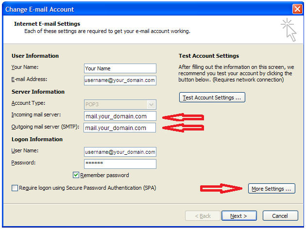 Outlook 2007 1. Open Outlook. 2. Click the Tools menu, and select Account Settings... 3. On the E-mail tab, select your POP account and click Change... 4.