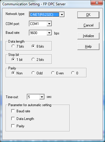 For serial settings one should set network type to C-NET (RS232) and then select COM port, baud rate