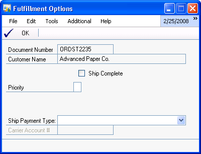 CHAPTER 5 FULFILLMENT OPTIONS Entering fulfillment options for orders You will use the Fulfillment Options window to enter fulfillment options at the order level during order entry.