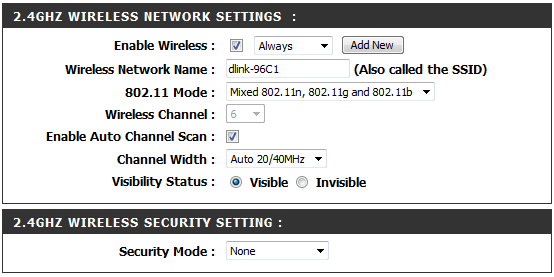 Visibility Status: Security Mode: Select whether you would like the network name (SSID) of your wireless network to be Visible or Invisible to wireless clients.
