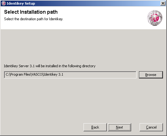 Install Identikey Server in Basic Mode ODBC Image 5: Identikey Server Installation - Select Installation Path Window 6.