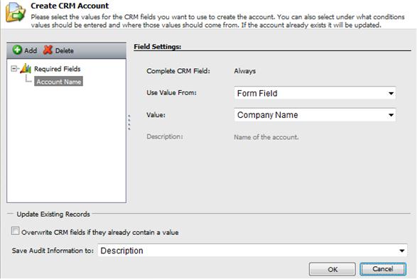 The following example shows a CRM account that only contains one required field; Account Name. Required fields must be populated. If they are not populated the save action will not work.