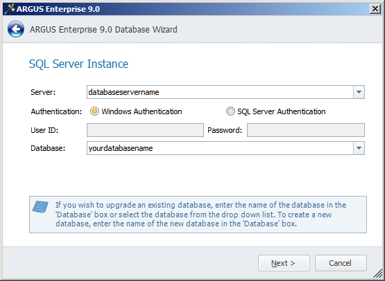 Server: The name of the SQL Server on which the ADW database is to be installed. If installed on a cluster this will be the shared Instance Name.