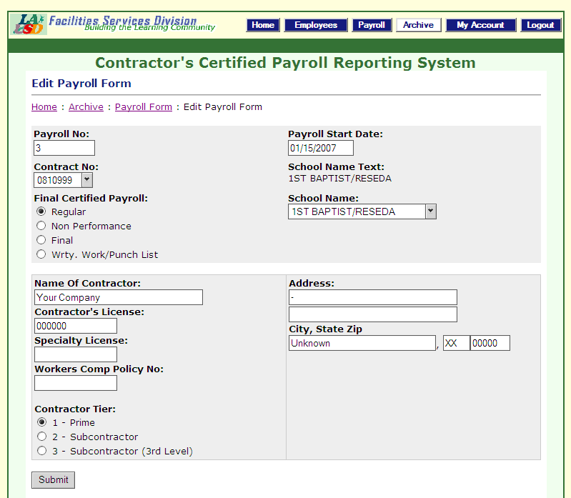 Edit Payroll Form The Edit Payroll Form screen will present you with a number of options regarding the payroll report.
