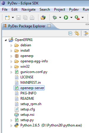 FIGURE 34 PACKAGE EXPLORER SHOWING OPENERP SERVER (ALL-IN-ONE WITH SERVER + WEB) PROJECT Step 13.