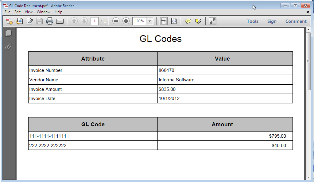The example below shows the view of the GL Codes Document that is associated with the Workflow document.