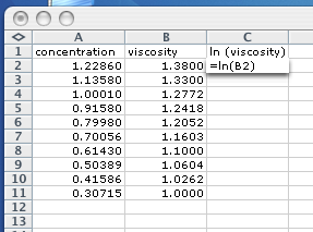 Part II. Making Graphs The following is data from a viscosity experiment. Enter it in Worksheet 2. Concentration Viscosity 1.22860 1.3800 1.13580 1.3300 1.00010 1.2772 0.91580 1.2418 0.79980 1.2052 0.