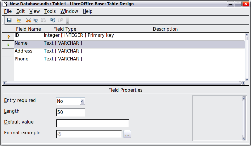 Figure 443: Setting a primary key 4) On the next three lines, enter under Field Name Name, Address and Telephone. Accept the default Field Type of Text [VARCHAR] and leave Description blank.