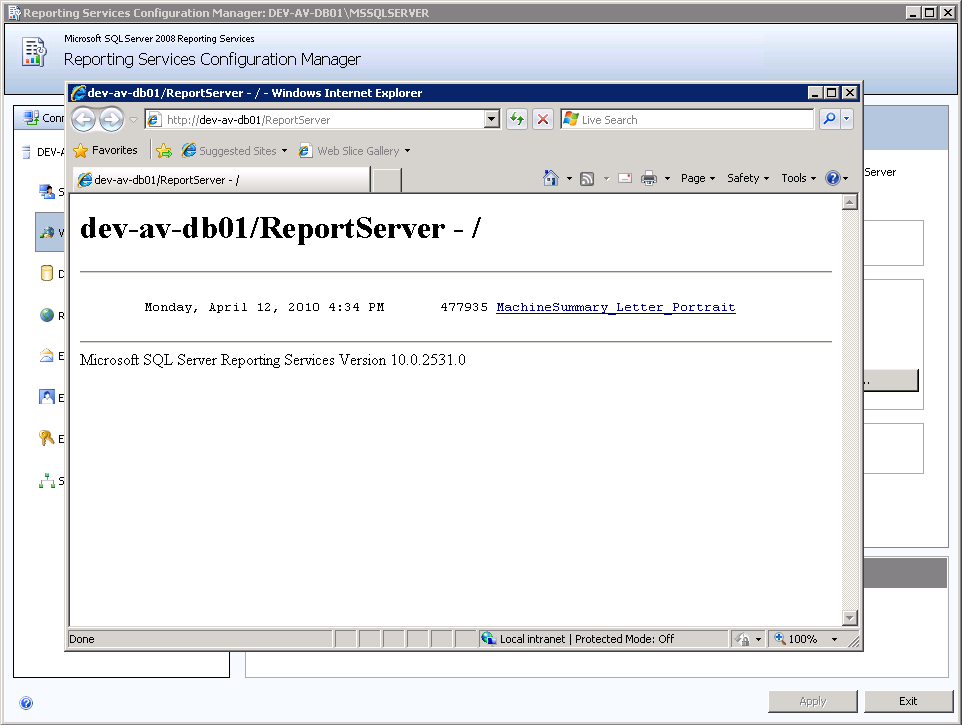 Configuring SQL Server Reporting Services 4. Report Server confirmation page displays.