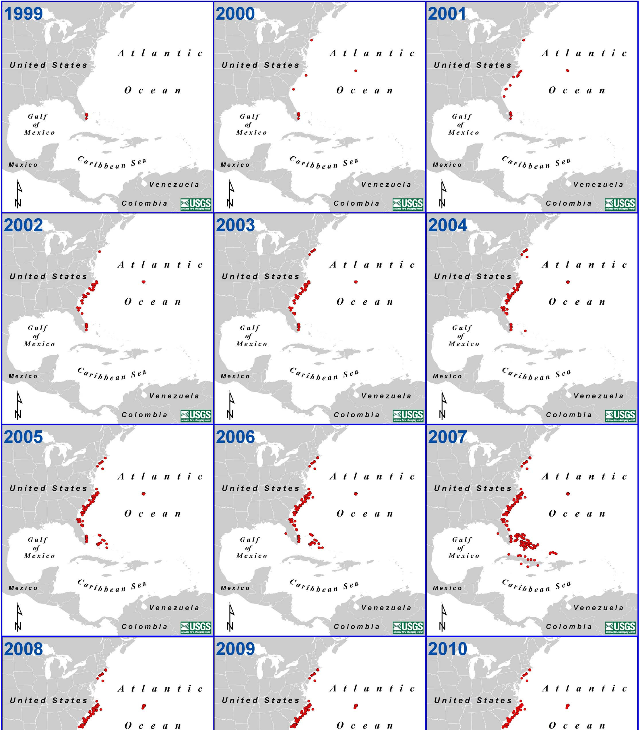P. J. Schofield Figure 2. Confirmed lionfish occurrences in the Western North Atlantic and Caribbean Sea (USGS-NAS 2010).