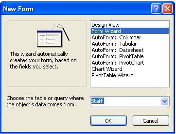 lay out all the controls on your form. Then you can switch to Design view to customize your form. If you just want to create a simple single-column form, you can use the New Object button.