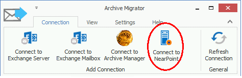 To establish the connection: First in the Archive Migrator ribbon menu click the Connection > Connect to NearPoint. This will open the Connect To NearPoint dialog.