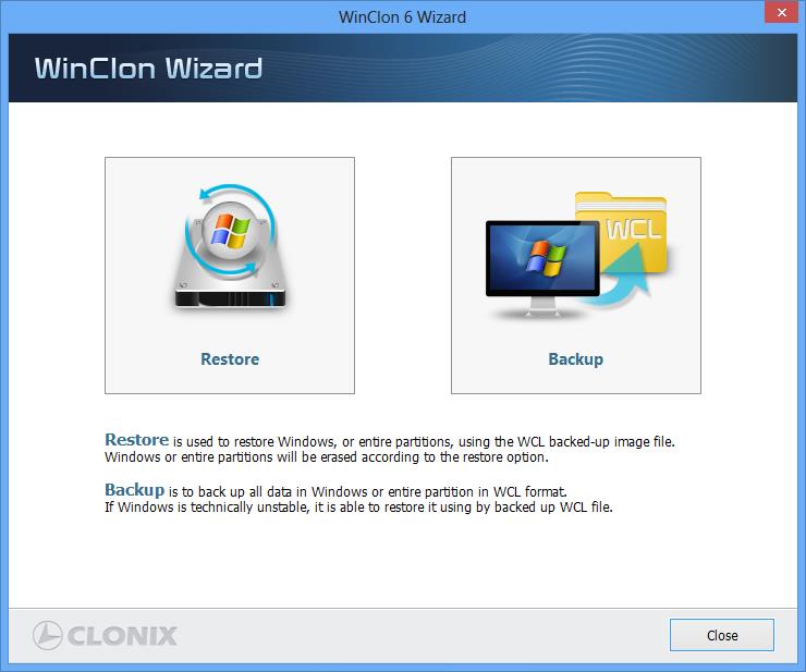 Basic Menu Layout Functions of each WinClon menu are as follows. The screen below is shown in running Wizard Backup/Restoration Guide in Help Box.