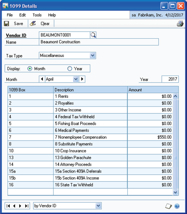 1099 Details Use the 1099 Details window to enter amounts for 1099 boxes when setting up vendors in the middle of a calendar year, or editing 1099 amounts.
