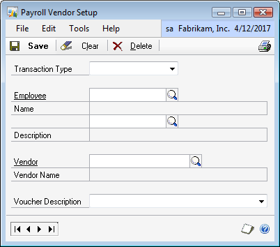 Payroll Integration To Payables Management Use the Payroll Vendor Setup window to make the association between the payroll totals and their appropriate vendors.